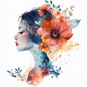 10 imágenes prediseñadas de mujer con flores, imágenes prediseñadas de acuarela, archivos jpg de alta calidad, descarga digital, imprimibles, licencia comercial