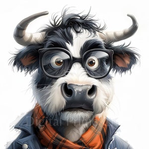 May include: A black and white cow with a black leather jacket, an orange and black plaid scarf, and round black glasses. The cow has a serious expression.