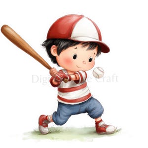 Peut inclure: Illustration de dessin animé d'un enfant jouant au baseball. L'enfant porte une chemise rayée rouge et blanche, un jean bleu et une casquette de baseball rouge. L'enfant balance une batte en bois vers une balle de baseball blanche.