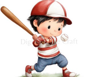 10 Baseball Clipart, Kinder spielen Baseball, hochwertige Jpgs, digitaler Download, Aquarell Clipart, Printables, kommerzielle Lizenz