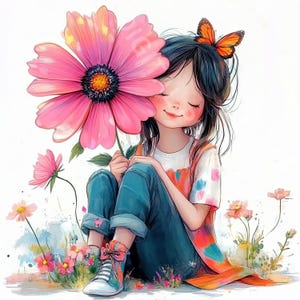 10 Süßes Mädchen mit Blumen Clipart, schrulliges Mädchen, hochwertige Jpgs, digitaler Download, Aquarell Clipart, Printables, kommerzielle Lizenz