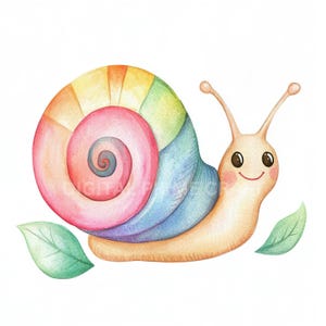 Puede incluir: Una ilustración de acuarela de un caracol arcoíris con una cara sonriente y hojas verdes. La concha del caracol es una espiral colorida con tonos de rosa, azul, amarillo y verde.