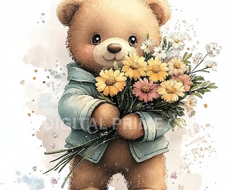 10 teddybeer en bloemen clipart, bloemen clipart, hoge kwaliteit jpg's, digitale download, aquarel clipart, printables, commerciële licentie