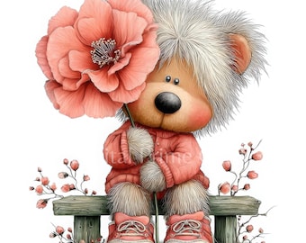11 Teddy Bär und Blumen Clipart, Blumen Clipart, hochwertige Jpgs, digitaler Download, Aquarell Clipart, bedruckbar, kommerzielle Lizenz
