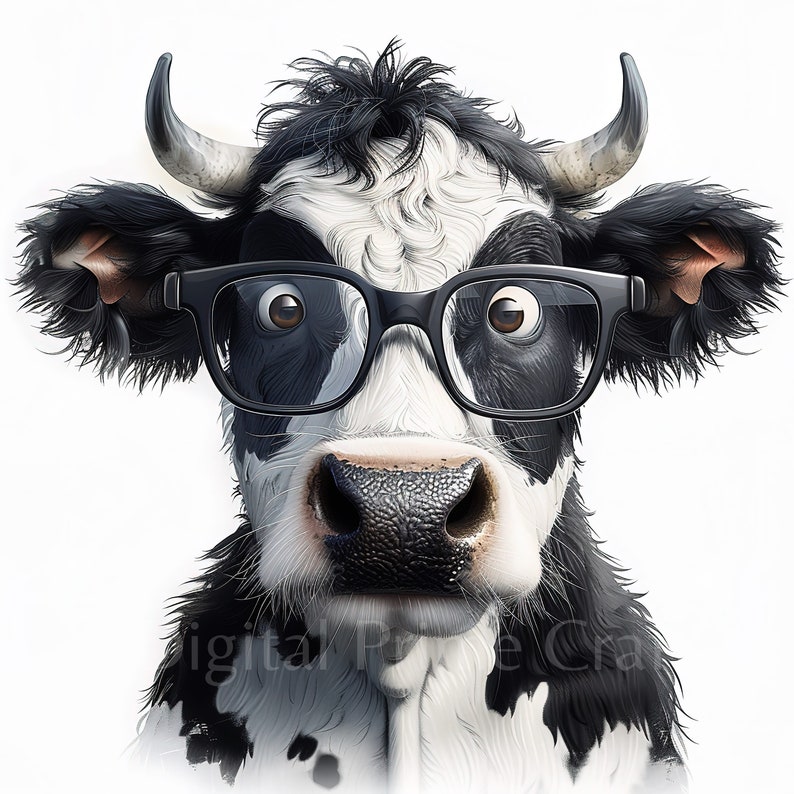 May include: A black and white cow with a black and white spotted pattern wearing black framed glasses. The cow is looking directly at the camera.