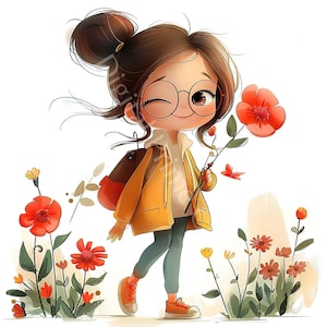 12 Quirky Cute Girl With Flowers Clipart, Cute Girl, High Quality jpgs, Digital Download, Watercolor Clipart, Printables, Commercial License