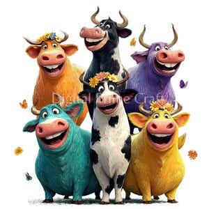 May include: A digital illustration of six smiling cartoon cows in various colours, including orange, black and white, purple, teal, and yellow. Each cow wears a flower crown and has large, expressive eyes. Butterflies and flowers are scattered around the cows.