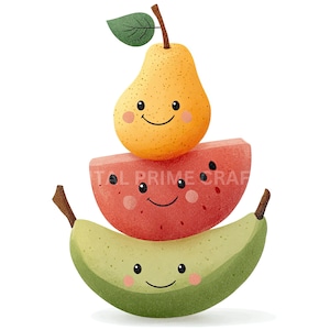 12 Happy Fruits Clipart, Smiling Fruits Clipart, High Quality jpgs, Digital Download, Watercolor Clipart, Printables, Commercial License