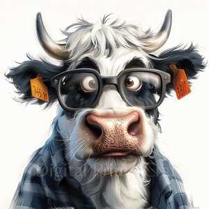May include: A black and white cow wearing a blue and red plaid shirt and black framed glasses. The cow has orange tags on its ears with the numbers "145 11" and "3811".