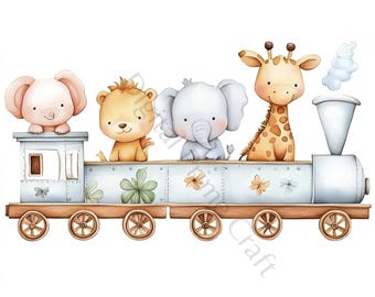 10 imágenes prediseñadas de decoración de guardería, imágenes prediseñadas de animales en tren, archivos jpg de alta calidad, descarga digital, imágenes prediseñadas de acuarela, imprimibles, licencia comercial