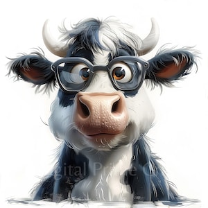 May include: A cartoon cow with black and white markings wearing black framed glasses. The cow has a friendly expression and is looking to the right.