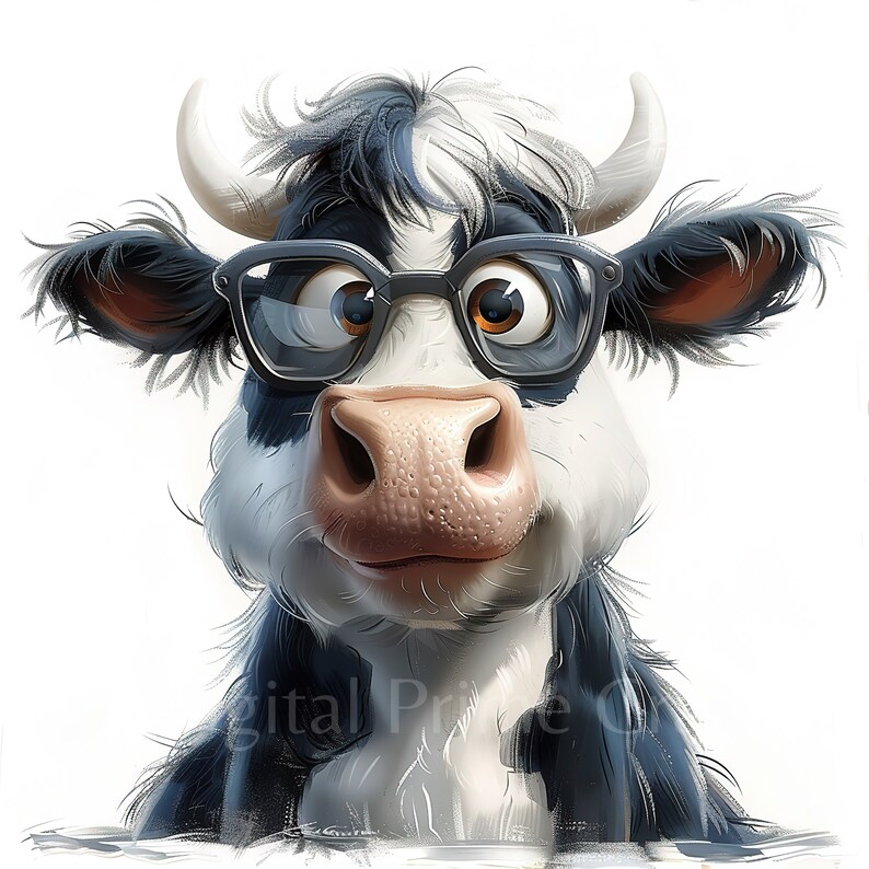 May include: A cartoon cow with black and white markings wearing black framed glasses. The cow has a friendly expression and is looking to the right.