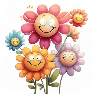 16 Imágenes Prediseñadas de flores felices, imágenes prediseñadas de flores sonrientes, jpgs de alta calidad, descarga digital, imágenes prediseñadas de acuarela, imprimibles, licencia comercial