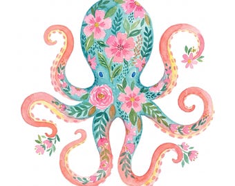 Floral Oktopus PNG, niedliches Shirt-Design digitaler Download, Pastell PNG, lustiges T-Shirt-Design, niedlich PNG, T-Shirt Png, Ozean Clipart