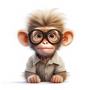 May include: A cartoon monkey wearing brown-rimmed glasses and a beige button-up shirt. The monkey has brown fur and a mischievous expression.