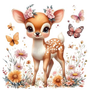 Peut inclure: Un adorable faon de dessin animé avec une fourrure brune et des taches blanches se tient dans un champ de fleurs roses et jaunes. Le faon porte une couronne de fleurs sur la tête et des papillons volent autour de lui.
