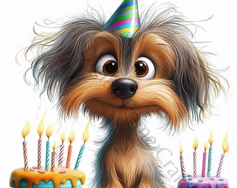Puede incluir: Un perro marrón y negro con un gorro de fiesta colorido se encuentra frente a dos pasteles de cumpleaños con velas encendidas. Los pasteles están decorados con glaseado azul y rosa y chispas de colores.
