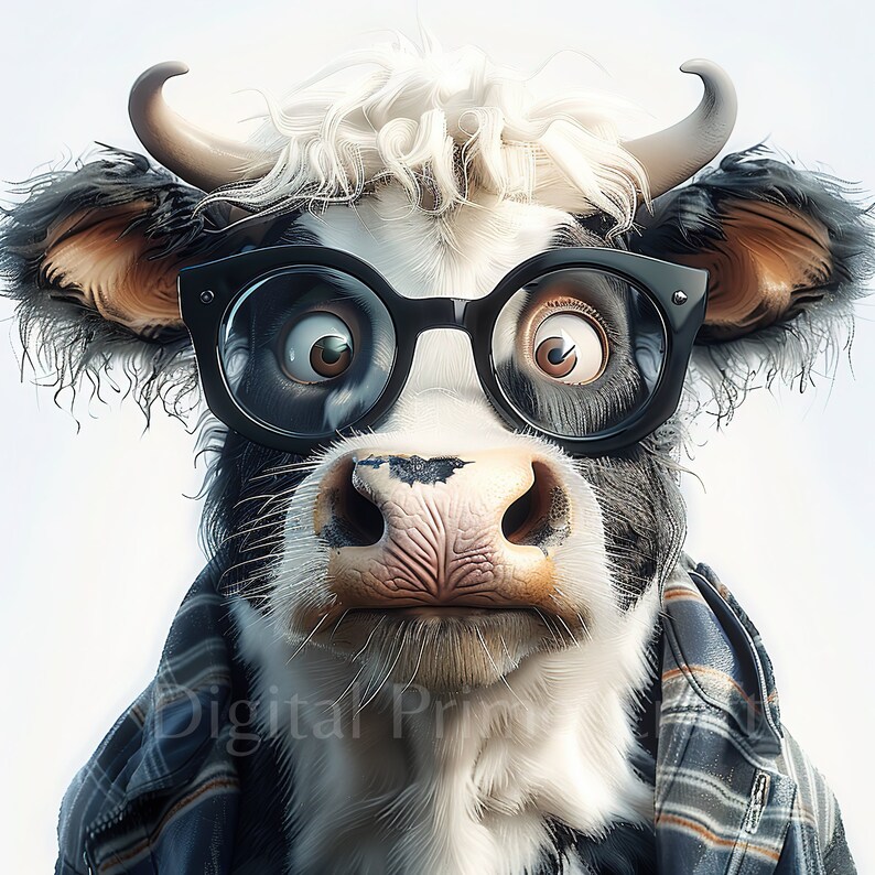 May include: A black and white cow wearing black framed glasses and a plaid shirt. The cow has a surprised expression on its face.