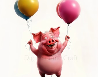 10 imágenes prediseñadas de cerdo y globo, imágenes prediseñadas de cerdo, archivos jpg de alta calidad, descarga digital, imágenes prediseñadas de acuarela, imprimibles, licencia comercial