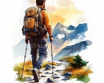 10 Treking Clipart, Traveler Clipart, Hiking, High Quality jpgs, Digital Download, Watercolor Clipart, Printables, Commercial License