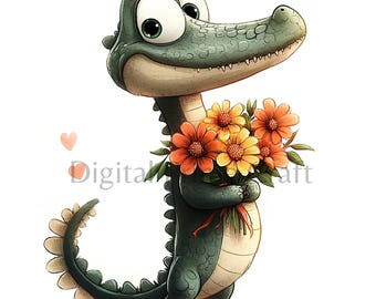 10 imágenes prediseñadas de cocodrilo con flores, imágenes prediseñadas de cocodrilo, archivos jpg de alta calidad, descarga digital, imágenes prediseñadas de acuarela, imprimibles, licencia comercial