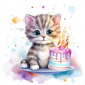 Clipart anniversaire chat, anniversaire chaton, 10 fichiers JPG de haute qualité, clipart aquarelle, téléchargement numérique, fabrication de cartes, licence commerciale