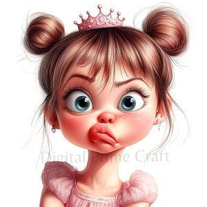 以下が含まれることがあります： ピンクの王冠とピンクのドレスを着た、おさげ髪の茶髪の女の子の漫画イラスト。彼女は唇を突き出して、深刻な表情をしています。