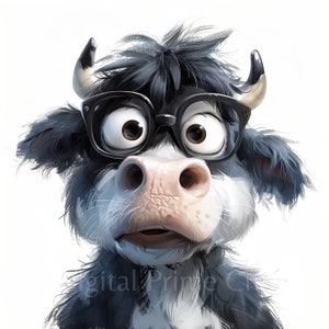 May include: A black and white cow with large, round eyes wearing black framed glasses. The cow has a surprised expression on its face.