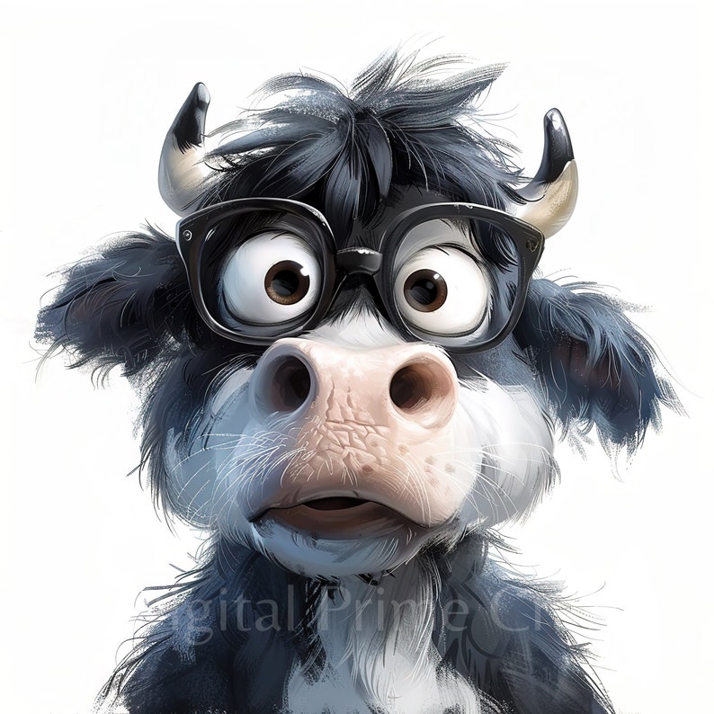 May include: A black and white cow with large, round eyes wearing black framed glasses. The cow has a surprised expression on its face.