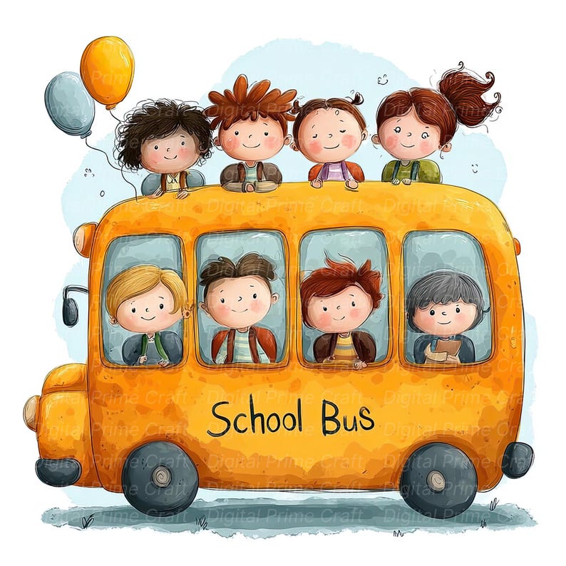 10 School Bus Clipart, School Clipart, Happy Kids, High Quality Jpgs