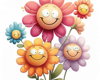 16 Happy Flowers Clipart, Smiling Flowers Clipart, High Quality jpgs, Digital Download, Watercolor Clipart, Printables, Commercial License