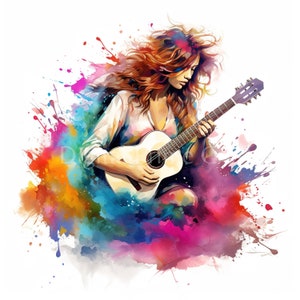 Muziek clipart, Guitar Girl clipart, 9 hoge kwaliteit JPG-bestanden, Digitale download, Kaarten maken, Mixed media, Printables, Commerciële licentie