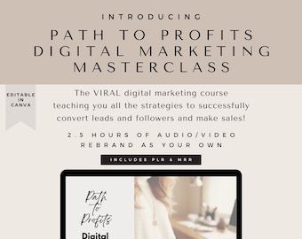Op de afbeelding: Een laptopscherm waarop een digitale marketing masterclass-cursus wordt weergegeven met de titel "Path to Profits Digital Marketing Masterclass". De cursus omvat 2,5 uur aan audio- en video-inhoud en is rebrandable. De cursus omvat ook private label rights (PLR) en master resell rights (MRR).