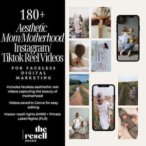 May include: A digital marketing product for faceless Instagram and TikTok reels. The product includes 180+ aesthetic videos capturing the beauty of motherhood. The videos are saved in Canva for easy editing. The product includes master resell rights (MRR) and private label rights (PLR).