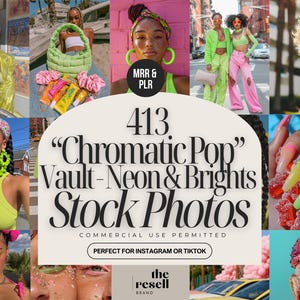 Peut inclure: Un collage d'images vives avec des couleurs néon et vives. Le texte central indique "413 Chromatic Pop Vault - Neon & Brights Stock Photos". Les images incluent mode, accessoires et produits de beauté, avec le texte "Perfect for Instagram or TikTok."