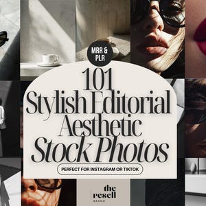 May include: A collage of aesthetic stock photos. The central image features the text "101 Stylish Editorial Aesthetic Stock Photos" with "Perfect for Instagram or TikTok" below. Other images include sunglasses, a coffee cup, and fashion portraits.