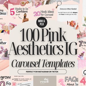 Könnte beinhalten: Eine rosa-weiße Grafik mit dem Text "100 Pink Aesthetics IG Carousel Templates" und verschiedenen Inhaltsideen. Enthält den Text "Perfect for Instagram or TikTok".