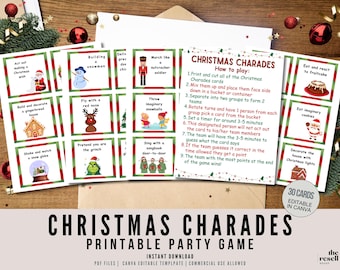 クリスマス シャレード ゲーム Canva テンプレート | 30 枚の印刷可能なカード + ルール PDF | ホリデー パーティー ゲーム | PLR MRR 即時ダウンロード