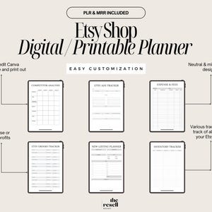 Może przedstawiać: Cyfrowy, drukowany planer Etsy Shop z r&oacute;żnymi narzędziami do zarządzania firmą. Zawiera analizę konkurencji, reklamy Etsy, wydatki i opłaty, zam&oacute;wienia Etsy, nowe oferty i trackery zapas&oacute;w. Łatwy w edycji szablon Canva i wydruk w formacie PDF.