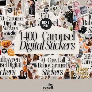 May include: A collage of digital stickers with various themes, including fashion, Halloween, and seasonal designs. The image features text that reads "1400+ Carousel Digital Stickers," along with other sticker packs. The color palette includes beige, black, and pink.