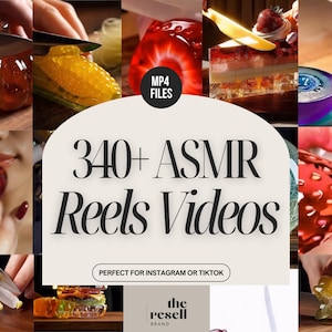 May include: A collage of images featuring various food items being cut, including a pumpkin, orange slices, and a strawberry. The central text reads "340+ ASMR Reels Videos" with "MP4 FILES" and "PERFECT FOR INSTAGRAM OR TIKTOK" also visible.