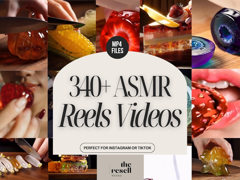May include: A collage of images featuring various food items being cut, including a pumpkin, orange slices, and a strawberry. The central text reads "340+ ASMR Reels Videos" with "MP4 FILES" and "PERFECT FOR INSTAGRAM OR TIKTOK" also visible.