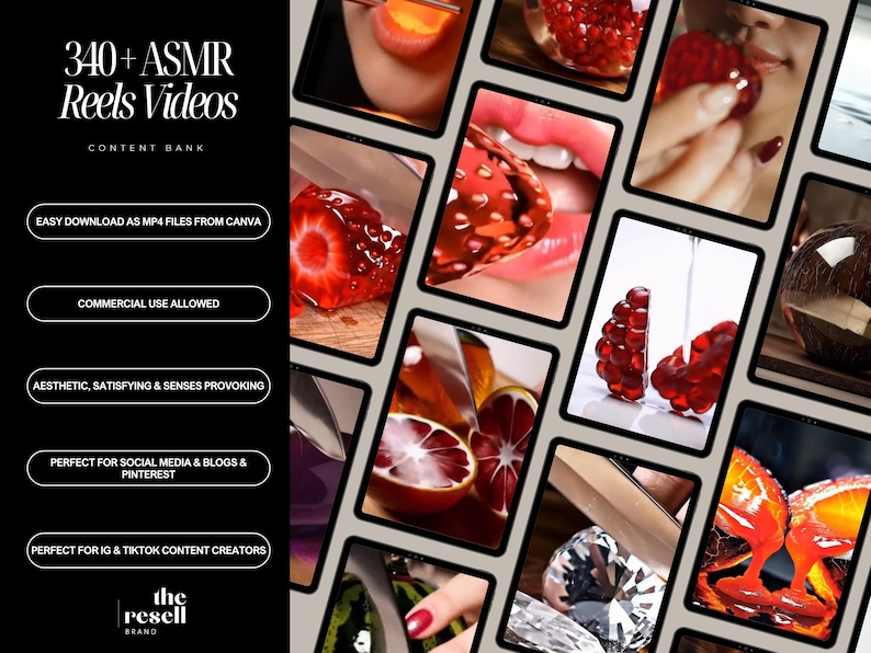 May include: A collection of ASMR Reels Videos, featuring close-up shots of food and textures. The image includes strawberries, pomegranates, and other fruits. Text on the left side reads "340+ ASMR Reels Videos" and "Content Bank".