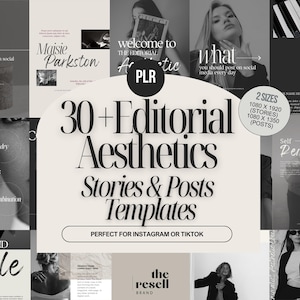Könnte beinhalten: Eine Sammlung von Social-Media-Vorlagen in Schwarzweiß mit dem Text "30+ Editorial Aesthetics Stories & Posts Templates". Das Design umfasst verschiedene Layouts mit Text und Bildern, perfekt für Instagram oder TikTok.