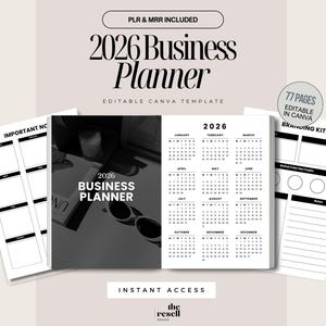 Planer biznesowy na rok 2026 do druku | MRR i PLR | 77-stronicowy minimalistyczny planer przedsiębiorcy w formacie PDF + edytowalny szablon Canva | Organizator pracy i życia