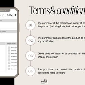 Może przedstawiać: Smartfon wyświetla szablon "Listing Brainstorm" z polami dla odbiorc&oacute;w, problem&oacute;w i pomysł&oacute;w na produkty. Tekst "Terms & conditions" znajduje się nad czterema ponumerowanymi punktami opisującymi prawa nabywcy, w tym modyfikację i odsprzedaż.
