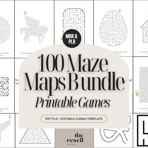 Może przedstawiać: Zestaw 100 map labiryntów do druku w różnych kształtach, w tym okręgów, jaj i domów. Tytuł "100 Maze Maps Bundle" jest wyświetlany wraz z napisem "Printable Games". Projekt zawiera plik PDF i edytowalny szablon Canva.