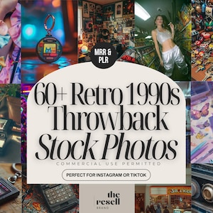 May include: A collage of retro 1990s-themed stock photos. The central image features text that reads "60+ Retro 1990s Throwback Stock Photos." Other images include a Tamagotchi keychain, scrunchies, a vintage camera, and a purple handheld game console.
