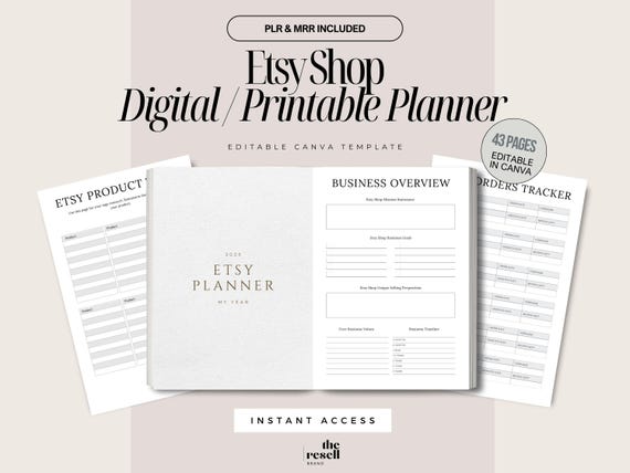 Etsy Shop Digital Printable Planner Canva Template | 43 Page Minimal Neutral Aesthetics PLR MRR | Etsy Business Organizer for Sellers
