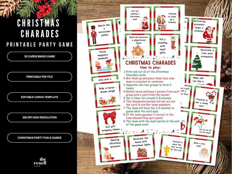 Christmas Charades Game Canva Template | 30 Printable Cards + Rules PDF ...